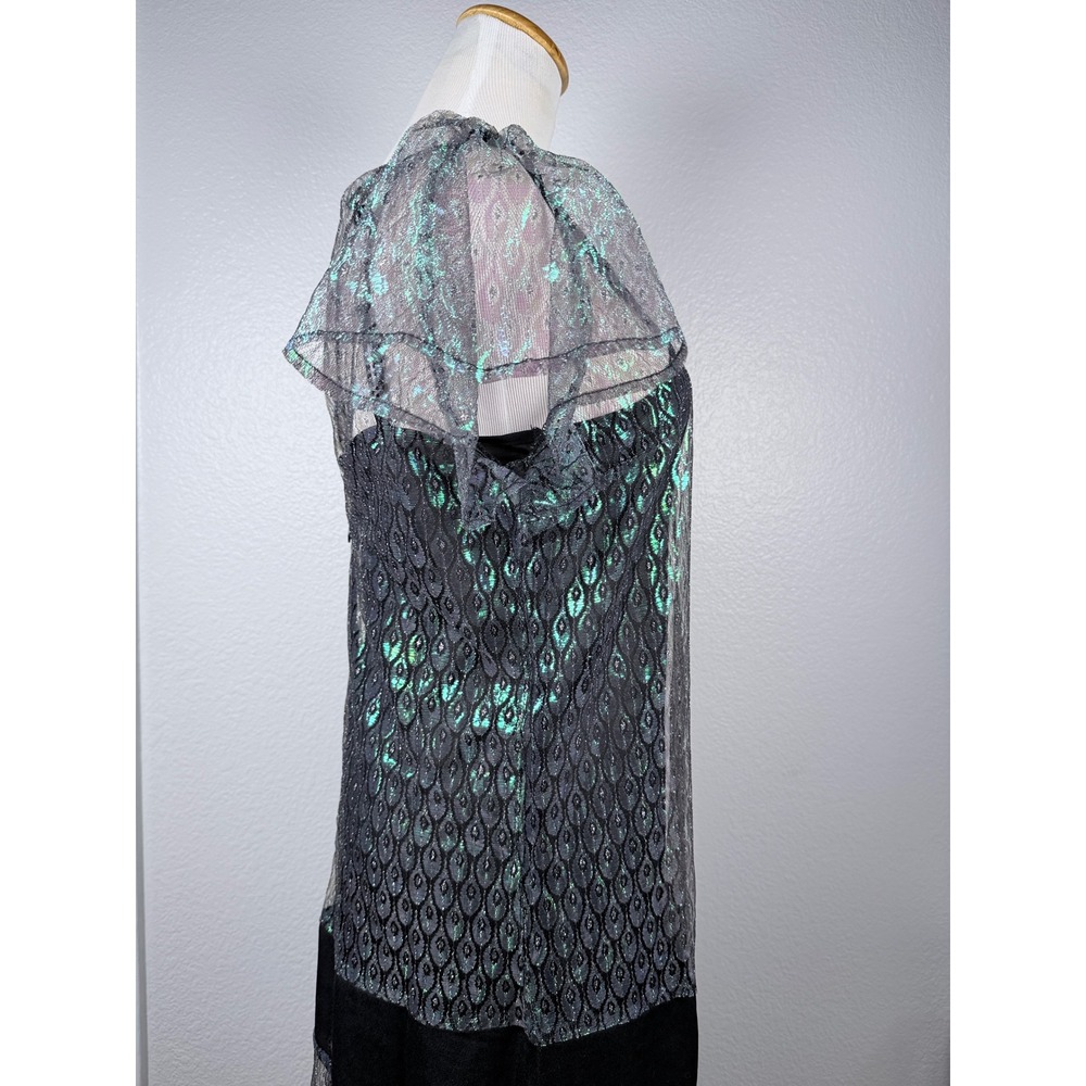 Vintage Inspired Iridescent Peacock Lace Drop Waist Flapper Midi Dress 4 - Picture 5 of 12